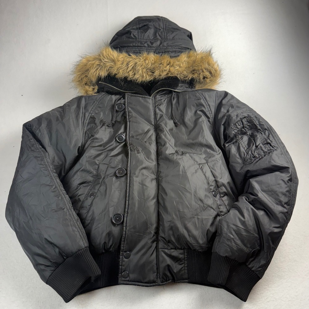 Polo Jeans Co Ralph Lauren Black Down Puffer Bomber Jacket Faux Fur Hood Medium